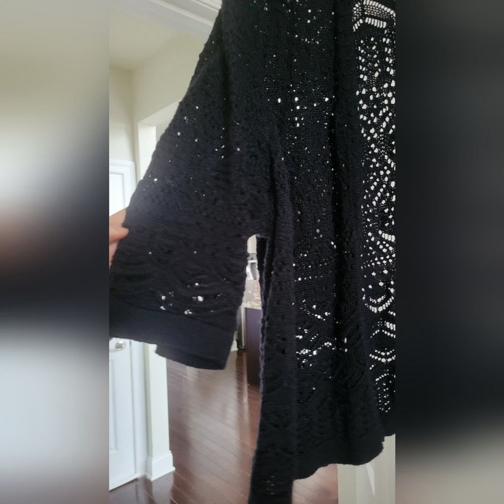 JM Collection XL Black Crochet Open Front Cardigan | Boho Lightweight Layer - Picture 4 of 4